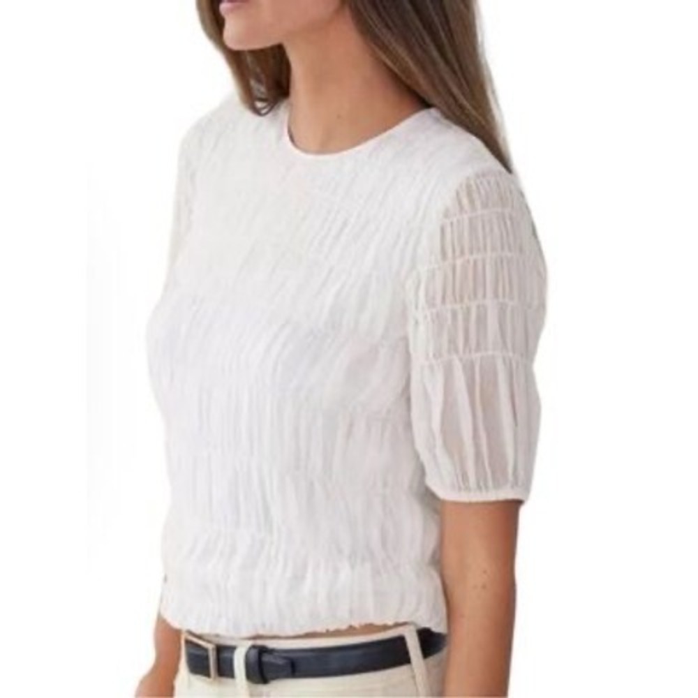 AYR The Shirr Thing White Smocked Silk Cotton Blouse Size Medium